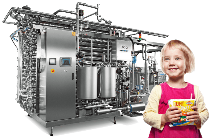 UHT Sterilizer and girl holding pouch